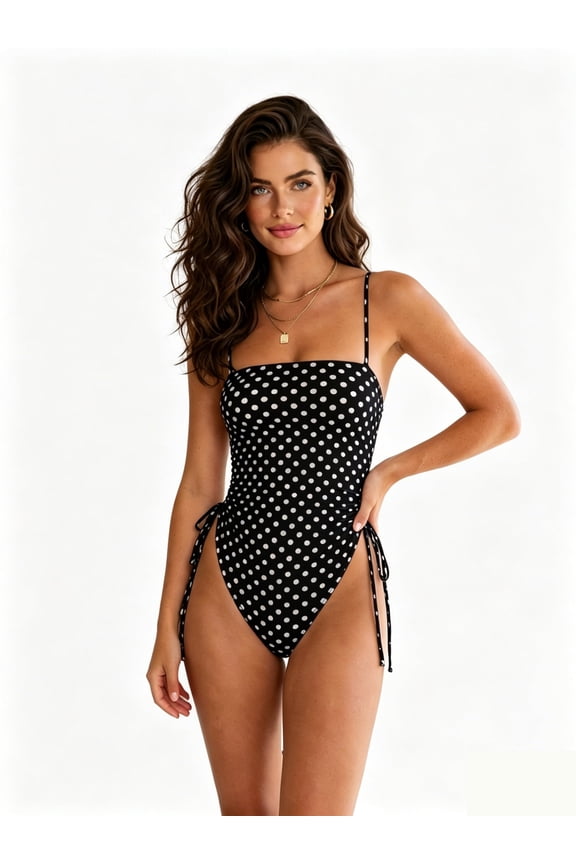 Chic Polka Dot Bikini Set High Cut Swimwear Pink Retro Swimsuit Ruched Top with Side Ties Tropical Vacation Beach Outfit