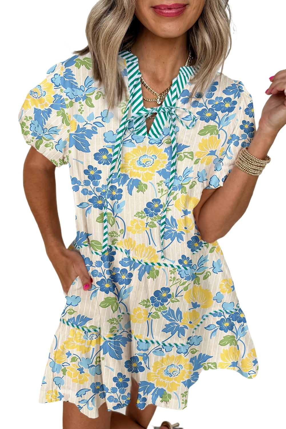 Ruffle Trim V-Neck Puff Sleeve Floral Mini Dress in Sage