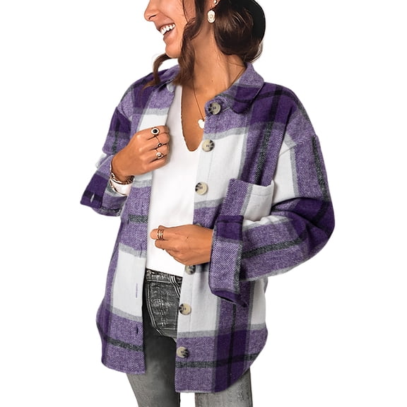 Chic Purple Plaid Long Sleeve Jacket for Women – Color Block Buttoned Design for Autumn Outings [ZhiHiMeRi] | M