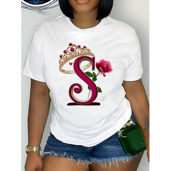Chic Purple "S" Crown & Rose Graphic Tee for Women - Casual Short Sleeve Crew Neck, Perfect for Spring/Summer Tee For Adult, Men, Women, Teen, Teenager, Adolescent, Youth