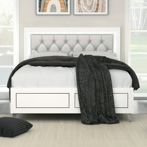Chic Queen Bed Frame With 12 Base, Led Headboard Padding, 4 Stable Legs, Grey Synthetic Leather And White Flair, Bedroom Delightful Feature Item Frame, Support, Lighted Headboard, Finish, Ideal For