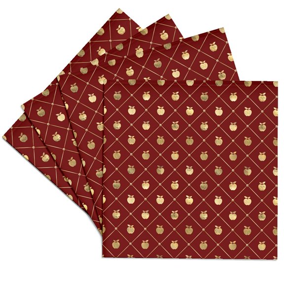 3drose, Chic Red and Image of Gold Apples in a Diamond Geometric Pattern, Set of 4 Ceramic Tile Coasters