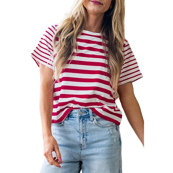 Chic Red Stripe Patchwork T-Shirt for Women – Perfect for Summer Outings, L