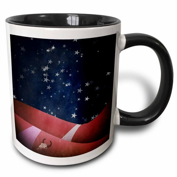 3drose, Chic Red, White, and Blue American Hill Scene and Starry Sky, 15oz Two-tone Black Mug