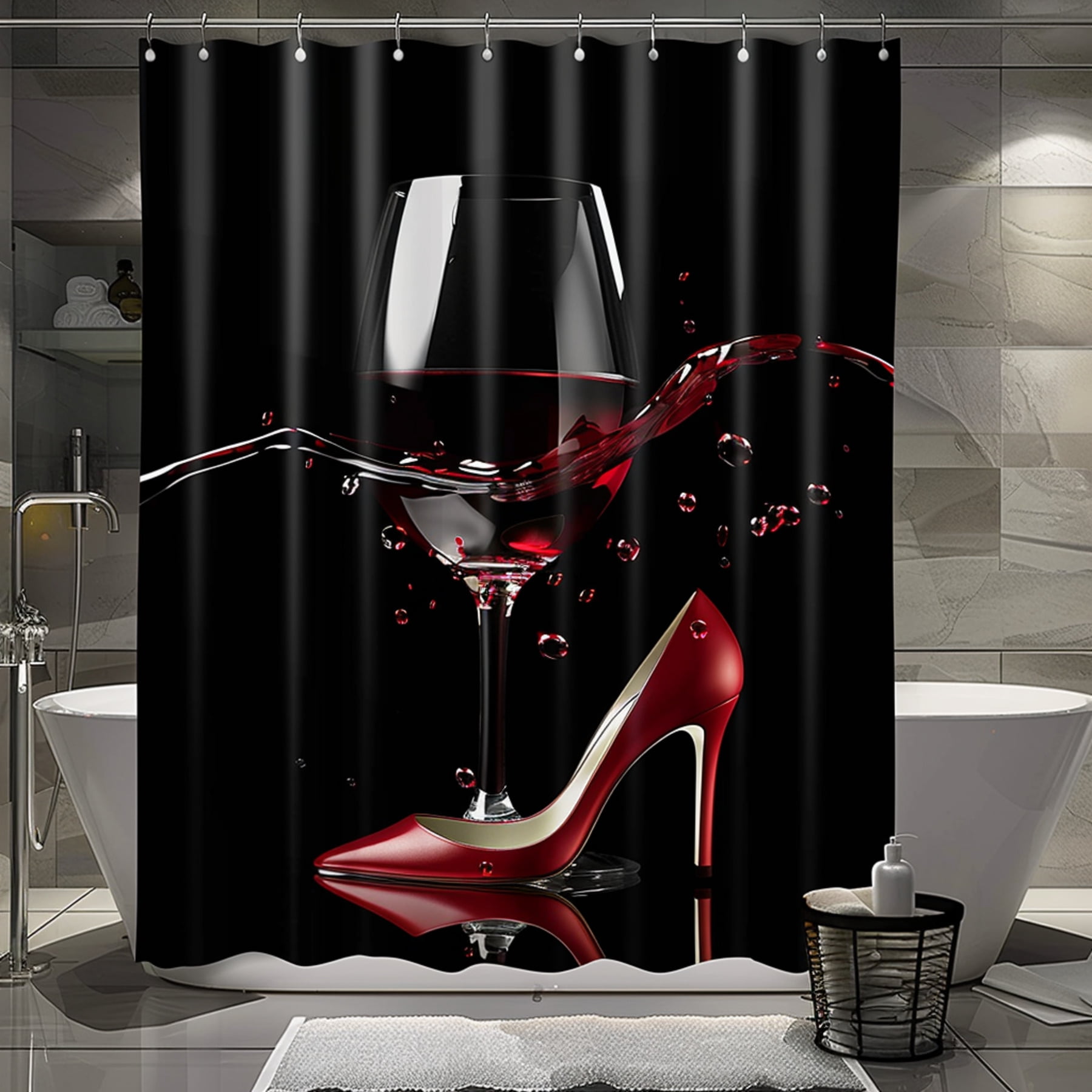 Chic Red Wine Glass & High Heels Shower Curtain Hyperrealistic Style
