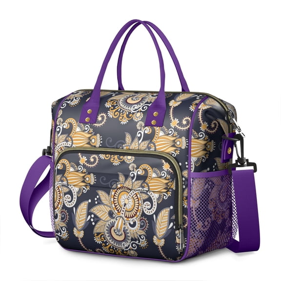 Chic Retro Insulated Cooler Bag - Large Leakproof Multi-Pocket Tote with Ethnic Floral Design