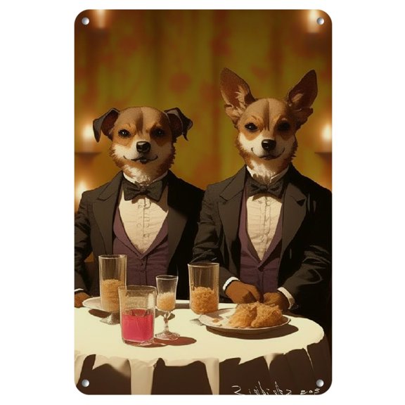 Chic Retro Metal Wall Art - Two Puppies in Tuxedos Enjoying Steak, Perfect for Living Room, Cafe, or Bathroom Decor, 8x12 inches, Perfect for Room Decor