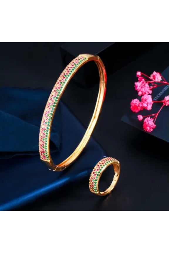 Chic Ring Bangle African Dubai Gold Color for Best Friend CZ Zircon Jewelry Set