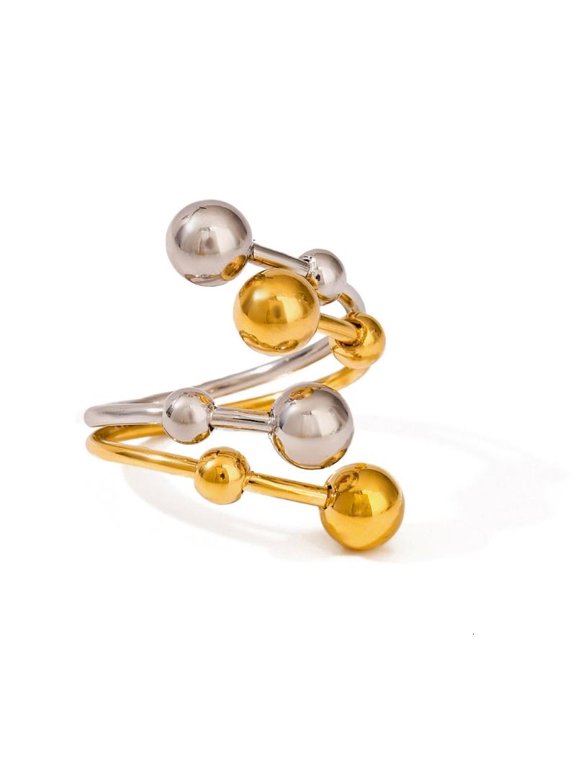 Chic Ring With Gold And Silver Color Mix Double Opening Adjustable Feature Spherical Ball Elements For Trendy Accessories