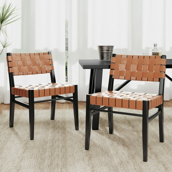 Chic Rope Weave Dining Chair with Acacia Wood Frame, Black+Brown, Set of 2
