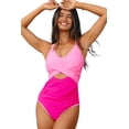 thumbnail image 1 of Chic Rose Red Ric Rac Trim Cutout One Piece Swimsuit with Contrasting Patchwork Design - [ZhiHiMeRi] | (US 12-14)L, 1 of 12