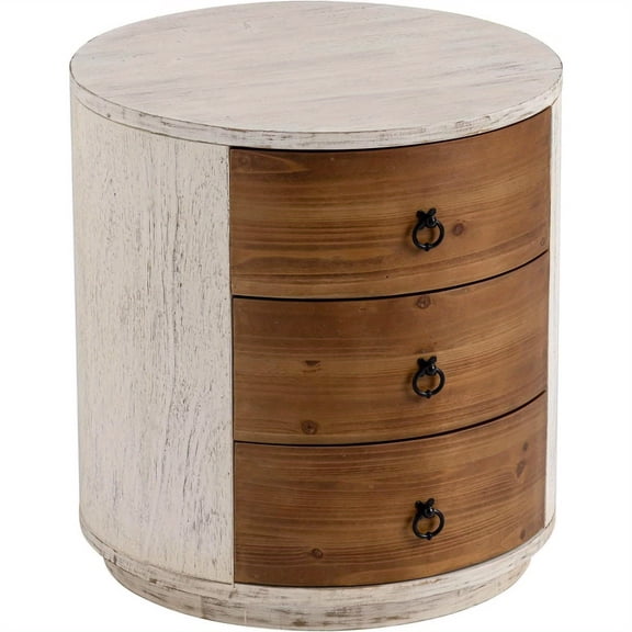 Chic Round Bedside Table with 3 Drawers - Solid Wood & Resin, Space-Saving Design for Living Room or Bedroom Decor