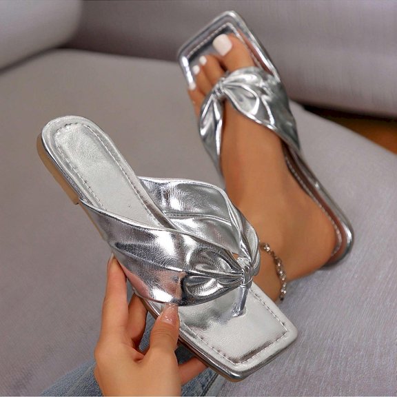 Chic Ruched Strap Women's Sandals - Square Toe, Slip-On Flip Flops with Clip Toe Thongs for Summer & Beach Wear.