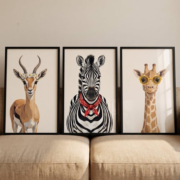 Chic Safari Animal Artwork Set of 3 gender neutral nursery decor whimsical safari animal prints zebra giraffe gazelle art kids room art Set 3