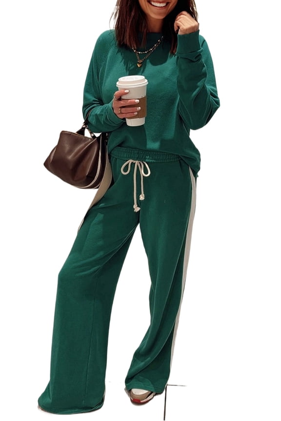 Chic Sea Green Solid Color Pullover & Loose Pants Set – Stylish Daily Wear for Women [ZhiHiMeRi] | M
