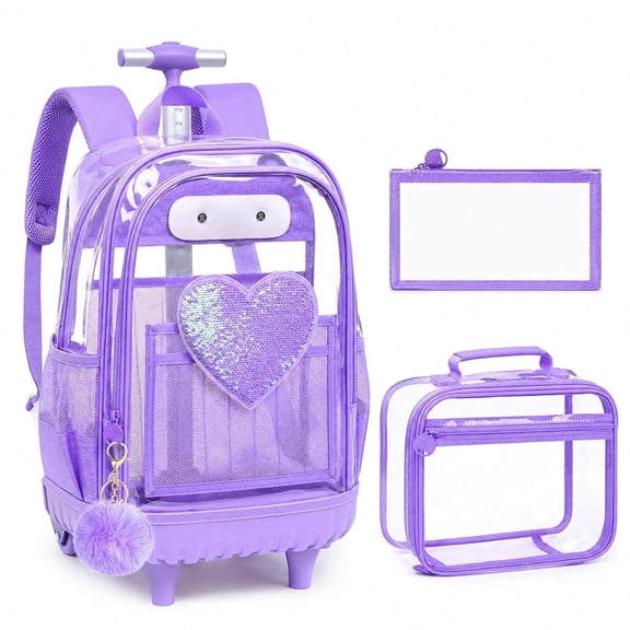 Chic Sequin Rolling Clear Backpack Set – 20" Transparent Wheeled Bookbag with Large Front Pocket for School, Daily Commute & Leisure | Purple Fashion-Forward Organizer