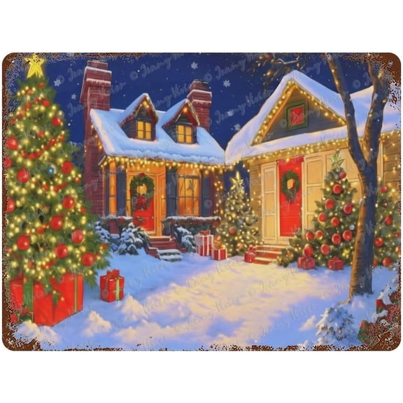 Chic Shabby Tin Sign, Country Style, Rustic Farmhouse Sign, Decorative metal sign For Bedroom Bathroom Kitchen Man Cave Wall Decor, Christmas Tree, Cabin, Snow, Night 12x16 inches