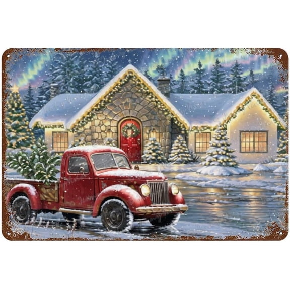 Chic Shabby Tin Sign, Country Style, Rustic Farmhouse Sign, Christmas Decorative Metal Sign For Bedroom Bathroom Kitchen Man Cave Wall Decor, Red Truck Decor 12x8 inches