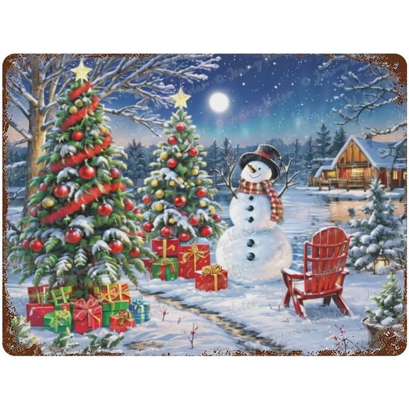 Chic Shabby Tin Sign, Country Style, Rustic Farmhouse Sign, Christmas Decorative metal sign For Bedroom Kitchen Man Cave Wall Decor,Snowman, Town, Night, Christmas Tree 12x16 inches