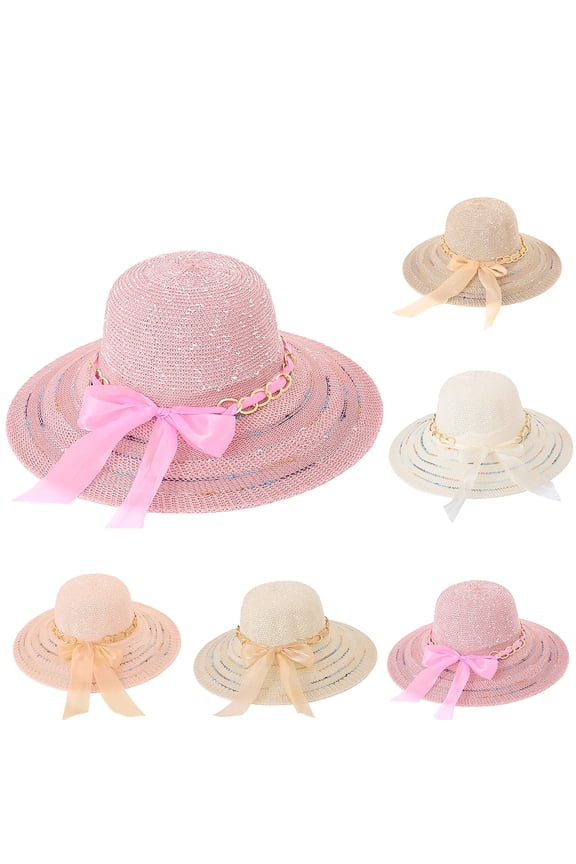 Chic Shimmering Straw Sun Hat with Gold Chain and Sheer Bow, UV Protection Hat for Beach, Vacation and Outdoor Activities