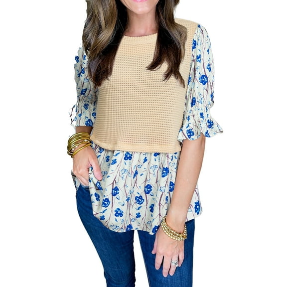 Chic Short Flounce Sleeve Blouse - Beige Floral Patchwork Design for Summer - [ZhiHiMeRi] | (US 8-10)M