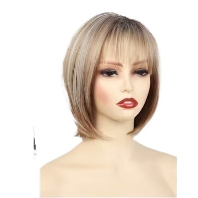 Chic Short Layered Highlighted Blonde Wig for Women with Air Bangs - Stylish & Comfortable Hairpiece