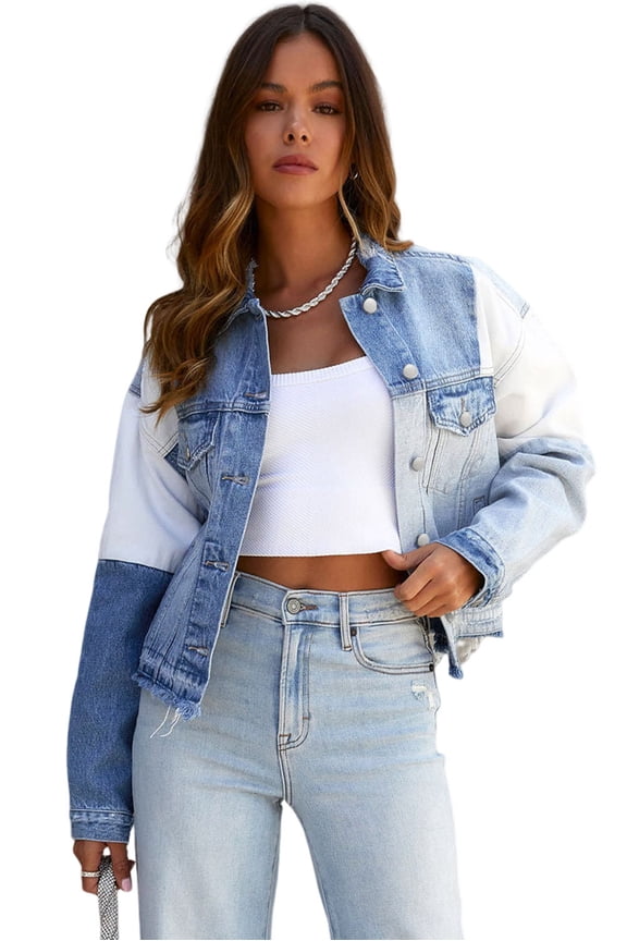 Chic Sky Blue Color Block Denim Jacket for Women – Vintage Frayed Hem Outerwear, (US 16-18)XL