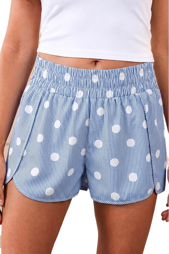 Chic Sky Blue Polka Dot Shorts for Women – High Waist Southern Belle Style Shorts for Summer Outings, M