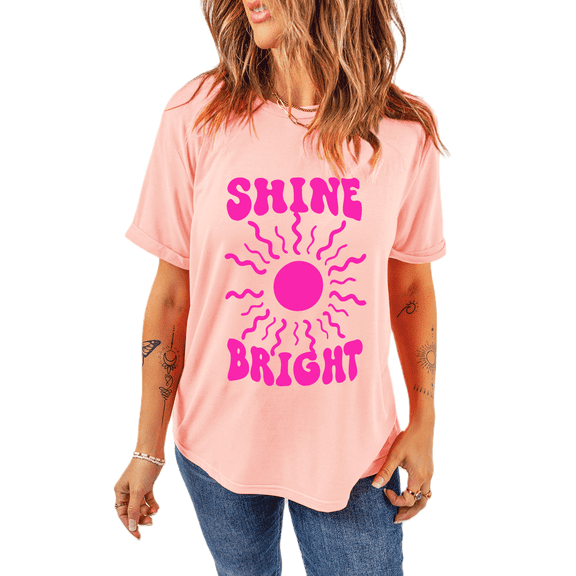 Chic Slogan Print Tee: Pink SHINE BRIGHT Round Neck T-Shirt - [ZhiHiMeRi] | (US 16-18)XL