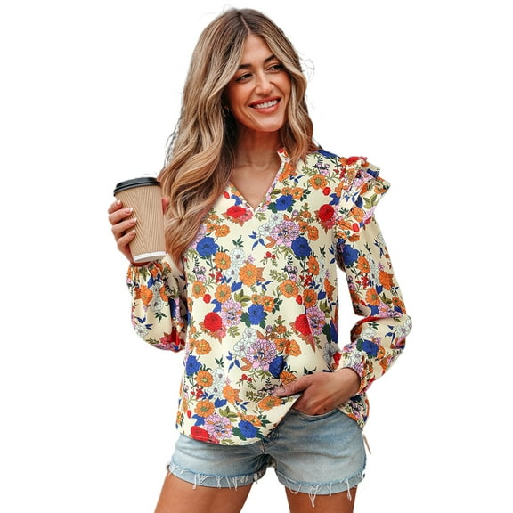 Chic Spring Floral Blouse in Apricot - Ruffle Details and Country Style - [ZhiHiMeRi] | M