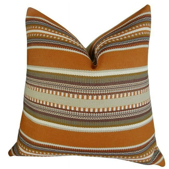 Chic Stripe Saffron Handmade Throw Pillow - Orange - Olive & Cream - 24 x 24 in.