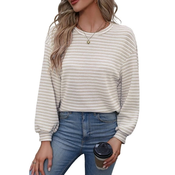 Chic Striped Long Sleeve Top: Relaxed Fit, Round Neck - Khaki Stripe - [ZhiHiMeRi] | (US 8-10)M