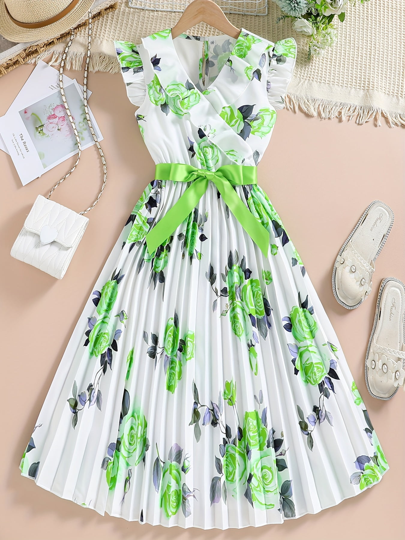 Girls Floral Satin Knee Length Summer Dress with Flared Sleeves
