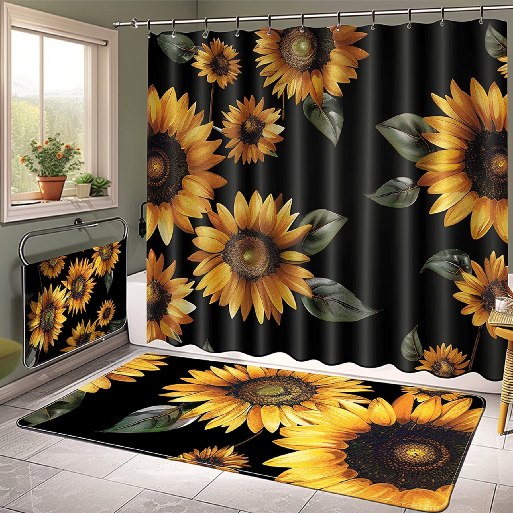 Chic Sunflower Bathroom Set Stylish Black Floral Shower Curtain