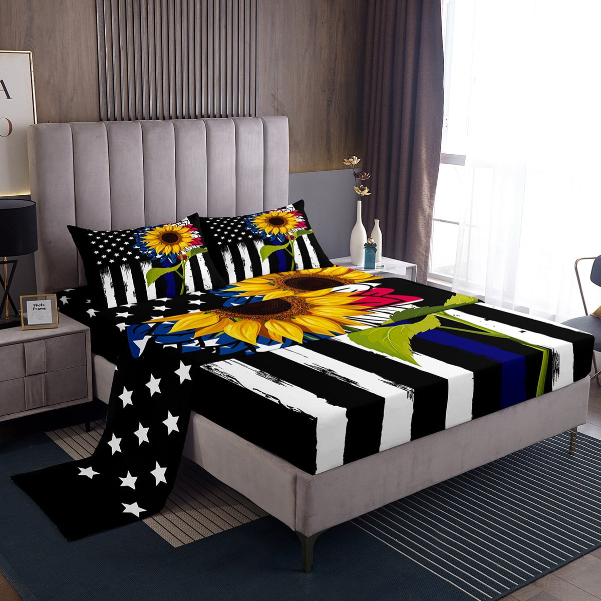 Chic Sunflower Bed Set American Flag Bed Sheets Set, Floral Flower