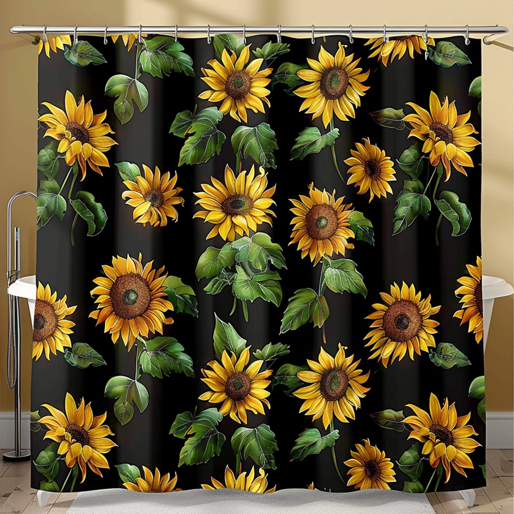 Chic Sunflower Shower Curtain Elegant Black Design with Vibrant Yellow and Green Sunflowers