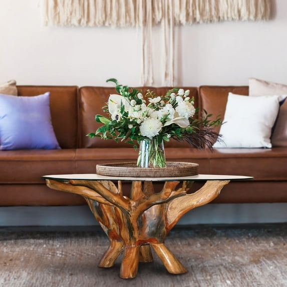 Chic Teak Rustic Teak Wood Root Live Edge Coffee Table Including 43 Inch Round Glass Top