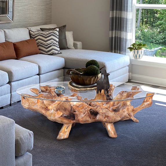 Chic Teak Rustic Teak Wood Root Live Edge Coffee Table including a 63" Round Glass Top