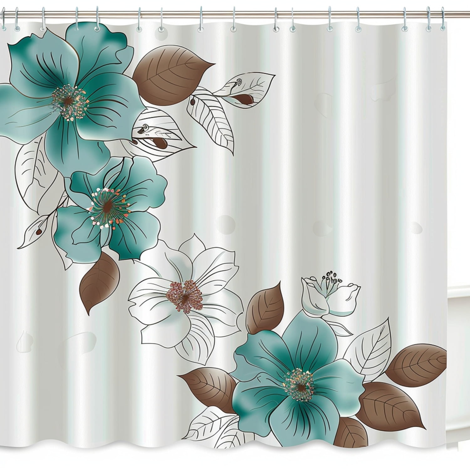 Chic Teal and White Floral Shower Curtain Elegant Bathroom Decor with ...