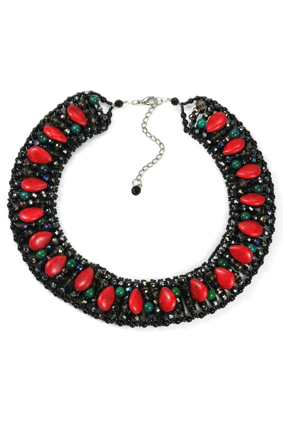 Chic Teardrop Shaped Red Coral with Black Crystal Beads Statement Necklace