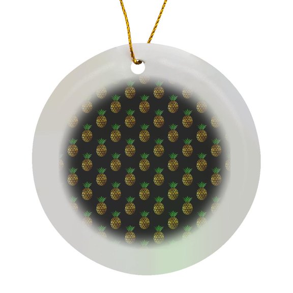 3drose, Chic Tropical Faux Gold Pineapples on a Black Background Pattern, Circle Porcelain Ornament
