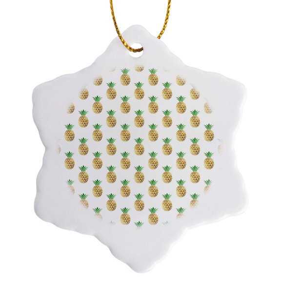 3drose, Chic Tropical Faux Gold Pineapples on a White Background Pattern, 3 inch Snowflake Porcelain Ornament