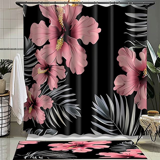 Chic Tropical Hibiscus Shower Curtain Set Stylish Black Pink Floral ...