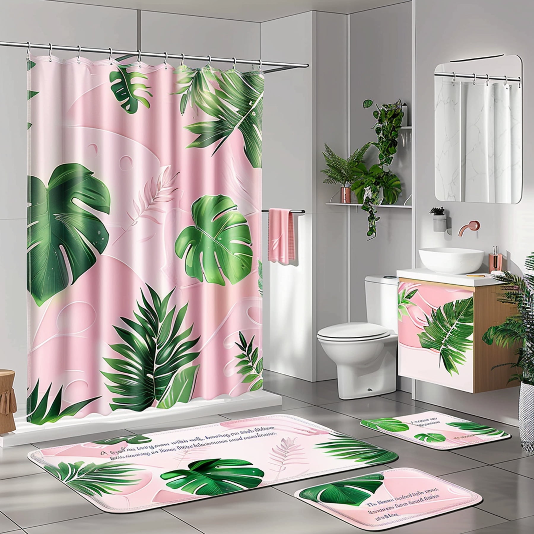 Chic Tropical Leaf Shower Curtain Set Pink & Green Bathroom Decor with