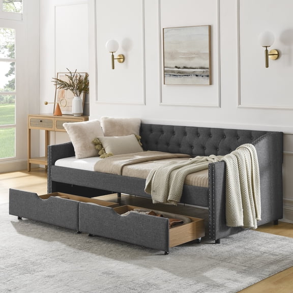Chic Twin Size Upholstered Daybed with Drawers - Tufted Sofa Bed with Button Back and Elegant Copper Nail Accents on Waved Arms (81.5''x4''x30.5'')