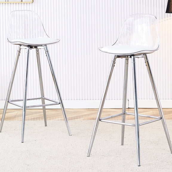 Chic Upholstered Bar Stools - White And Silver Metal Legs Water- Pu Leather Upholstery For Various Spaces Quick Assembly Contemporary Chairs Legs, + Seat Multiple Easy