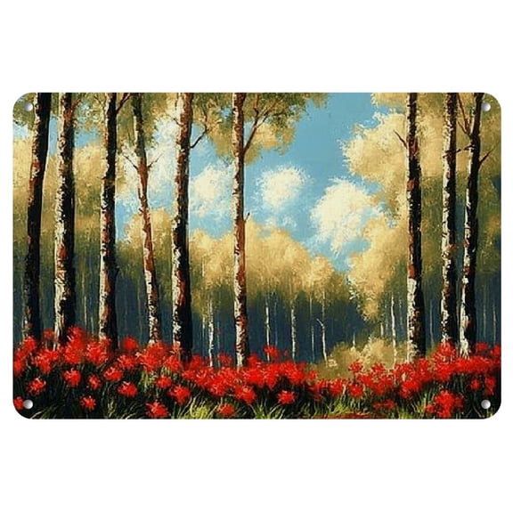 Chic Vintage 12x8" Framed Wrought Iron Wall Art - Autumn Forest & Red Poppies Scene, Oil & Tin Painting, Ideal for Home Decor, No Power Needed, Easy to Hang, Outdoor Decor