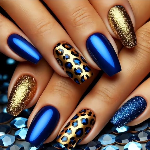 Chic Vintage Blue and Gold Leopard Print Press on Nails - 24 Piece Nail Art Set for Effortless Style