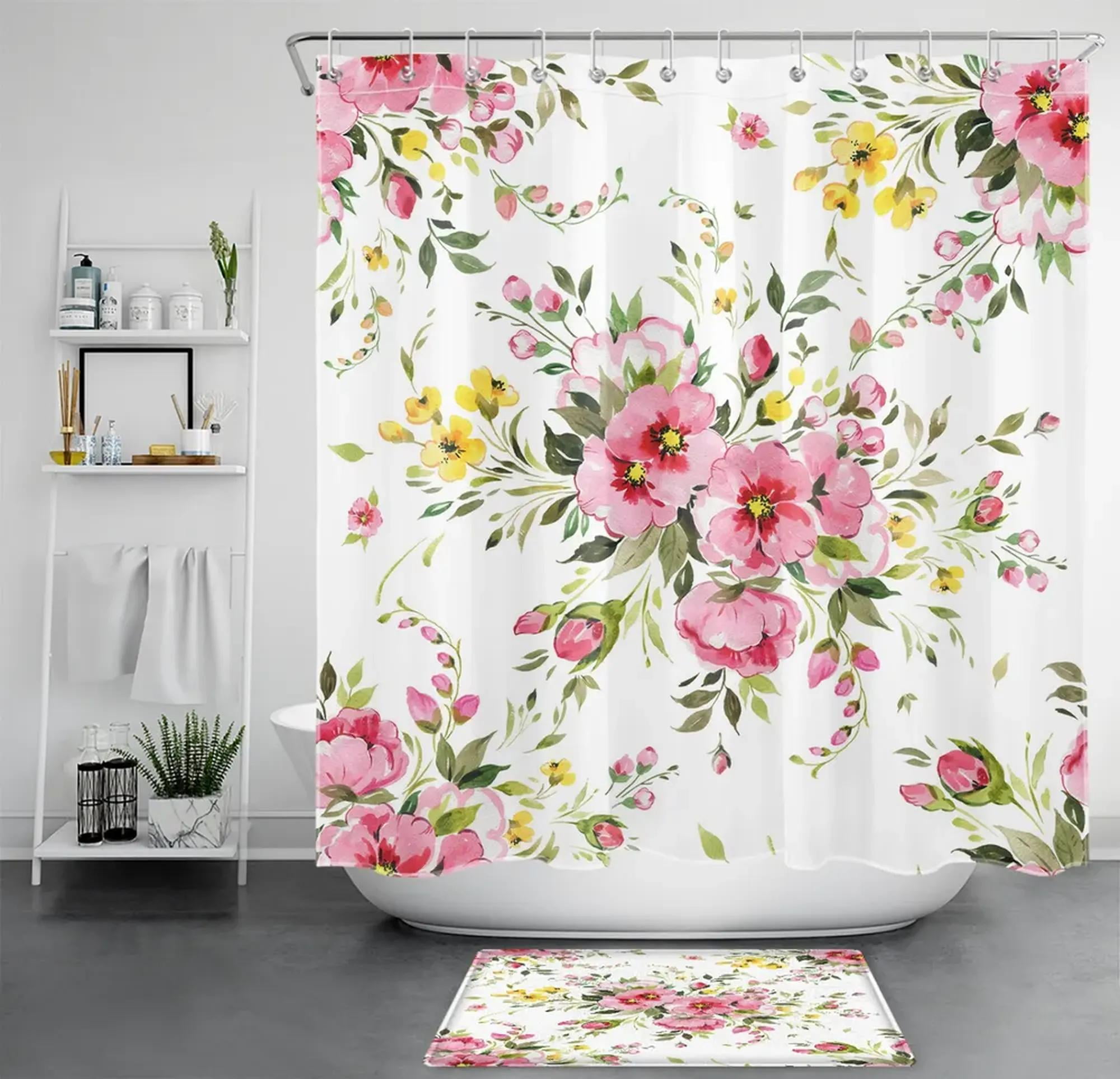Chic Vintage Floral Shower Curtain Set Green Leaf & Pink Bloom Design