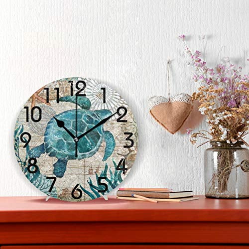 Chic Vintage Nautical Sea Turtle Starfish Old Map Round Wall Clock, 9.5 Inch Battery Operated Quartz Analog Quiet Desk Clock for Home,Office,School
